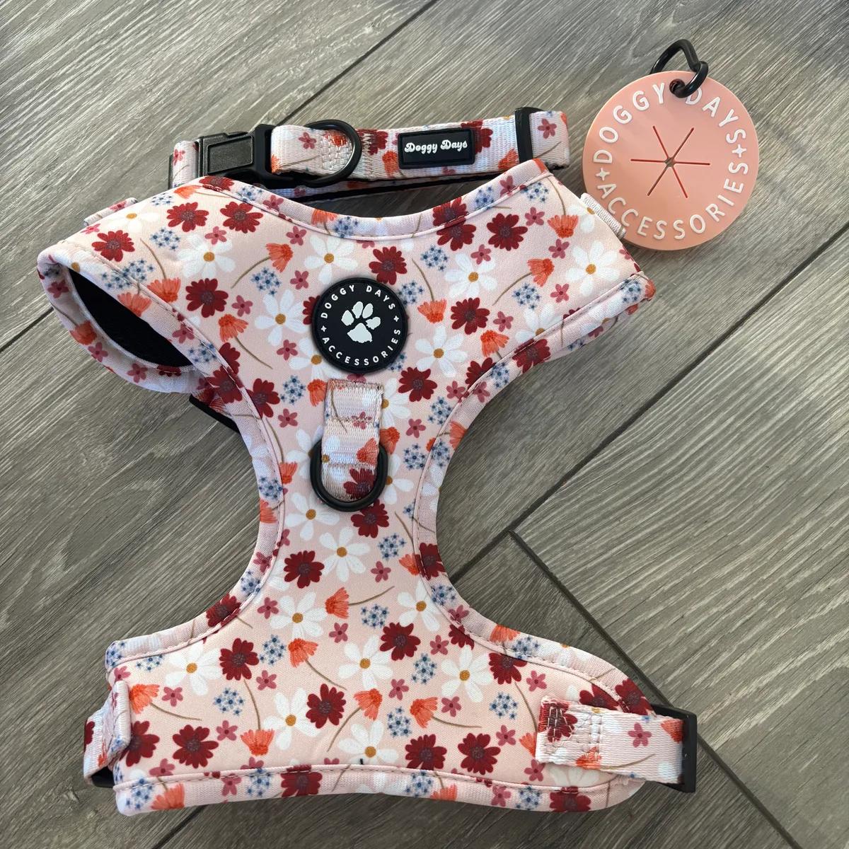 Small dog harness and collar with poop bag disc